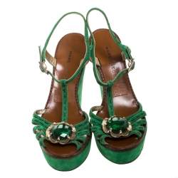 Pre Owned Marc Jacobs Green Suede Crystal Flower Embellished Ankle Strap Platform Sandals Size 39