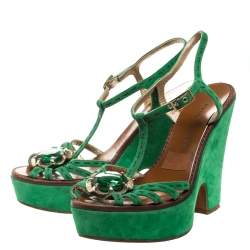 Pre Owned Marc Jacobs Green Suede Crystal Flower Embellished Ankle Strap Platform Sandals Size 39