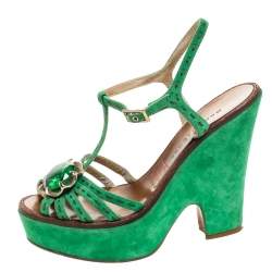 Pre Owned Marc Jacobs Green Suede Crystal Flower Embellished Ankle Strap Platform Sandals Size 39