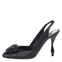 Marc Jacobs Graphite Satin Ruffle And Rose Detail Round Toe Slingback Sandals Size 36.5