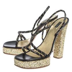 Marc Jacobs Black/Gold Leather And Glitter Fabric Slingback Platform Sandals Size 40