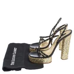 Marc Jacobs Black/Gold Leather And Glitter Fabric Slingback Platform Sandals Size 40