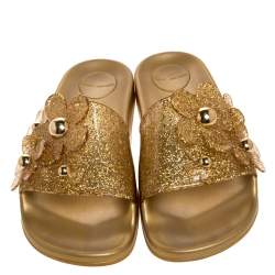 Marc Jacobs Gold Glitter Jelly Daisy Aqua Flower Flat Slides Size 39