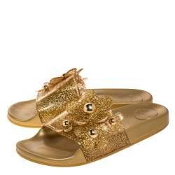 Marc Jacobs Gold Glitter Jelly Daisy Aqua Flower Flat Slides Size 39