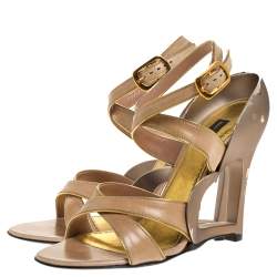 Pre Owned Marc Jacobs Beige Leather And Gold Piping Heart Wedge Ankle Strap Sandals Size 36.5