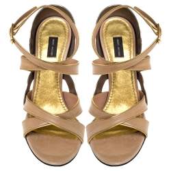 Pre Owned Marc Jacobs Beige Leather And Gold Piping Heart Wedge Ankle Strap Sandals Size 36.5
