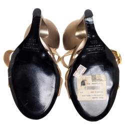 Pre Owned Marc Jacobs Beige Leather And Gold Piping Heart Wedge Ankle Strap Sandals Size 36.5