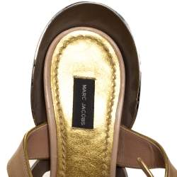 Pre Owned Marc Jacobs Beige Leather And Gold Piping Heart Wedge Ankle Strap Sandals Size 36.5