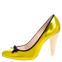 Pre Owned Marc Jacobs Metallic Green Leather Bow Cone Heel Pumps Size 38