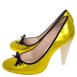 Pre Owned Marc Jacobs Metallic Green Leather Bow Cone Heel Pumps Size 38