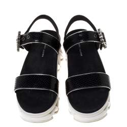 Marc by Marc Jacobs Black Python Embossed Leather Ninj Crystal Embellished Ankle Strap Sandals Size 38
