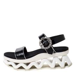 Marc by Marc Jacobs Black Python Embossed Leather Ninj Crystal Embellished Ankle Strap Sandals Size 38