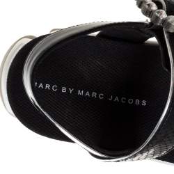 Marc by Marc Jacobs Black Python Embossed Leather Ninj Crystal Embellished Ankle Strap Sandals Size 38