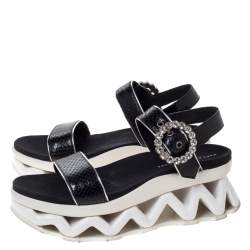 Marc by Marc Jacobs Black Python Embossed Leather Ninj Crystal Embellished Ankle Strap Sandals Size 38
