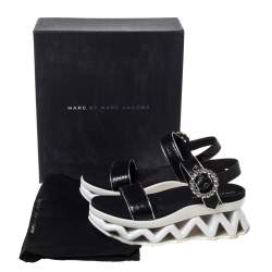 Marc by Marc Jacobs Black Python Embossed Leather Ninj Crystal Embellished Ankle Strap Sandals Size 38