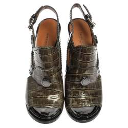 Marc Jacobs Green/Black Croc Embossed Patent Leather Slingback Sandals Size 39.5