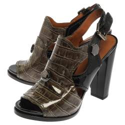 Marc Jacobs Green/Black Croc Embossed Patent Leather Slingback Sandals Size 39.5