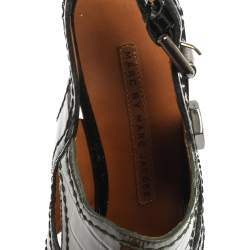 Marc Jacobs Green/Black Croc Embossed Patent Leather Slingback Sandals Size 39.5