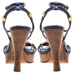 Marc Jacobs Blue Leather Strappy Ankle Strap Platform Sandals Size 40