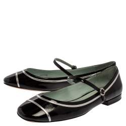 Marc Jacobs Black/ Silver Patent Leather Poppy Mary Jane Ballerina Flat Size 40