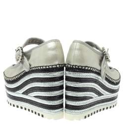 Pre Owned Marc Jacobs Metallic Silver Leather Crystal Embellished Suzi Mary Jane Platforms Espadrilles Size 38