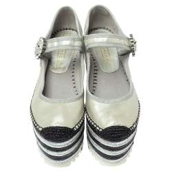 Pre Owned Marc Jacobs Metallic Silver Leather Crystal Embellished Suzi Mary Jane Platforms Espadrilles Size 38