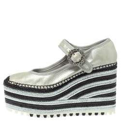 Pre Owned Marc Jacobs Metallic Silver Leather Crystal Embellished Suzi Mary Jane Platforms Espadrilles Size 38
