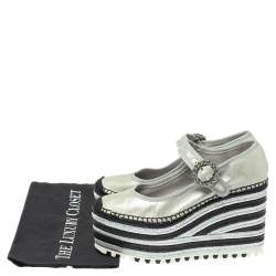 Pre Owned Marc Jacobs Metallic Silver Leather Crystal Embellished Suzi Mary Jane Platforms Espadrilles Size 38