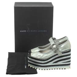 Marc Jacobs Metallic Silver Leather Crystal Embellished Suzi Mary Jane Platforms Espadrilles Size 36