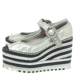 Marc Jacobs Metallic Silver Leather Crystal Embellished Suzi Mary Jane Platforms Espadrilles Size 36