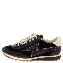 Pre Owned Marc Jacobs Black/White Velvet And Leather Lightening Bolt Sneakers Size 39