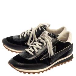 Pre Owned Marc Jacobs Black/White Velvet And Leather Lightening Bolt Sneakers Size 39