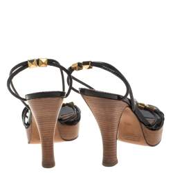 Marc Jacobs Black Patent Leather Studded Ankle Strap Platform Slingback Sandals Size 38.5