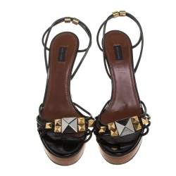 Marc Jacobs Black Patent Leather Studded Ankle Strap Platform Slingback Sandals Size 38.5