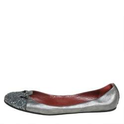 Marc Jacobs Metallic Silver Glitter And Leather Ballet Flats Size 38