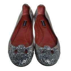 Marc Jacobs Metallic Silver Glitter And Leather Ballet Flats Size 38