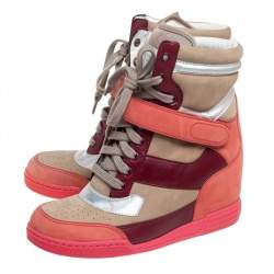 Pre Owned Marc by Marc Jacobs Multicolor Leather and Suede Lace Up Wedge Sneakers Size 37