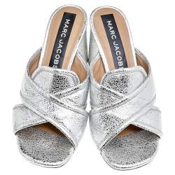 Marc Jacobs Metallic Silver Crackle Leather Criss Cross Slide Sandals Size 39