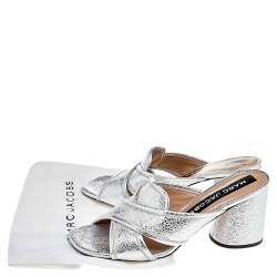 Marc Jacobs Metallic Silver Crackle Leather Criss Cross Slide Sandals Size 39
