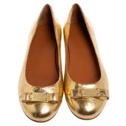 Pre Owned Marc Jacobs Gold Leather Bow Ballet Flats Size 37