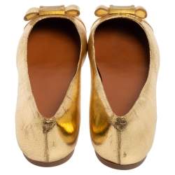 Pre Owned Marc Jacobs Gold Leather Bow Ballet Flats Size 37