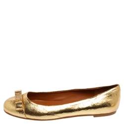 Pre Owned Marc Jacobs Gold Leather Bow Ballet Flats Size 37