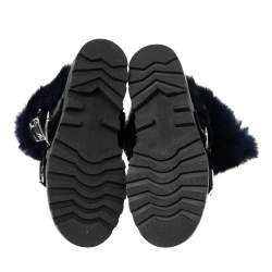 Pre Owned Marc By Marc Jacobs Black/Blue Ricky Rex Rabbit Fur and Leather Buckled Moto Boots Size 35.5 
