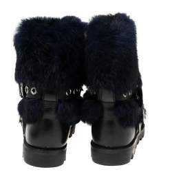Pre Owned Marc By Marc Jacobs Black/Blue Ricky Rex Rabbit Fur and Leather Buckled Moto Boots Size 35.5 