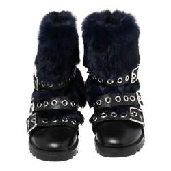 Pre Owned Marc By Marc Jacobs Black/Blue Ricky Rex Rabbit Fur and Leather Buckled Moto Boots Size 35.5 