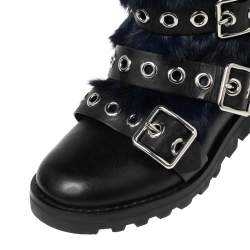 Pre Owned Marc By Marc Jacobs Black/Blue Ricky Rex Rabbit Fur and Leather Buckled Moto Boots Size 35.5 