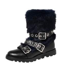 Pre Owned Marc By Marc Jacobs Black/Blue Ricky Rex Rabbit Fur and Leather Buckled Moto Boots Size 35.5 