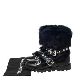 Pre Owned Marc By Marc Jacobs Black/Blue Ricky Rex Rabbit Fur and Leather Buckled Moto Boots Size 35.5 