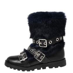 Pre Owned Marc By Marc Jacobs Black/Blue Ricky Rex Rabbit Fur and Leather Buckled Moto Boots Size 35.5 