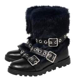 Pre Owned Marc By Marc Jacobs Black/Blue Ricky Rex Rabbit Fur and Leather Buckled Moto Boots Size 35.5 